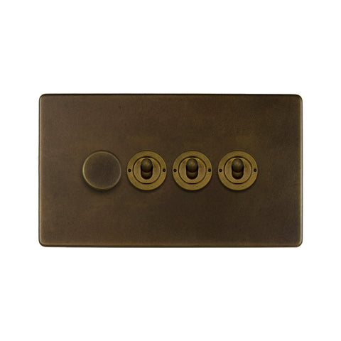 Screwless Vintage Brass 4 Gang Switch with 1 Dimmer (1x150W LED Dimmer 3x20A 2 Way Toggle)