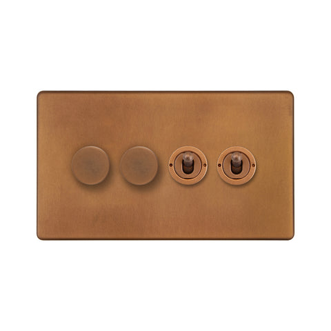 Screwless Antique Copper 4 Gang Switch with 2 Dimmers (2x150W LED Dimmer 2x20A 2 Way Toggle)