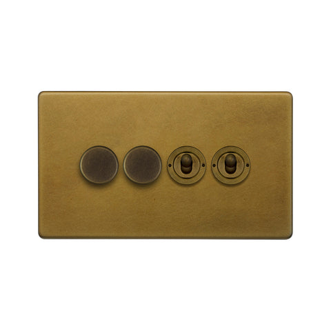 Screwless Old Brass 4 Gang Switch with 2 Dimmers (2x150W LED Dimmer 2x20A 2 Way Toggle)