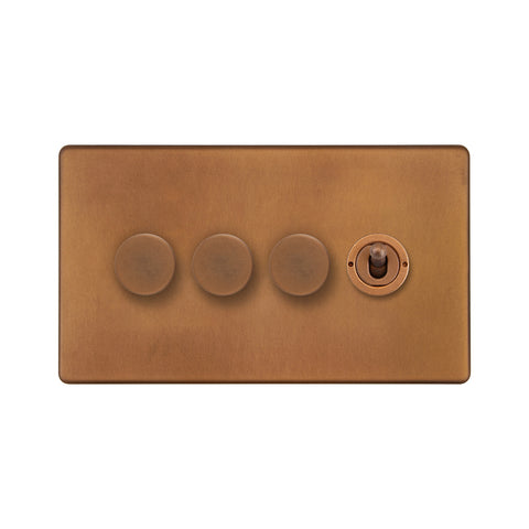 Screwless Antique Copper 4 Gang Switch with 3 Dimmers (3x150W LED Dimmer 1x20A 2 Way Toggle)