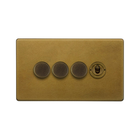 Screwless Old Brass 4 Gang Switch with 3 Dimmers (3x150W LED Dimmer 1x20A 2 Way Toggle)