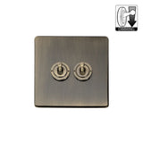 Screwless Antique Brass - Black Trim - Slim Plate Screwless Antique Brass 2 Gang Dimming Toggle Light Switch - Black