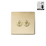 Screwless Brushed Brass - Black Trim - Slim Plate Screwless Brushed Brass 2 Gang Dimming Toggle Light Switch