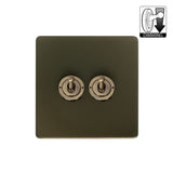 Screwless Bronze - Black Trim - Slim Plate Screwless Bronze 2 Gang Dimming Toggle Light Switch