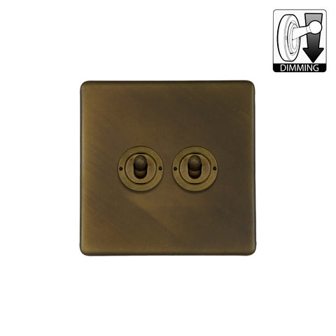 Screwless Vintage Brass 2 Gang Dimming Toggle Light Switch