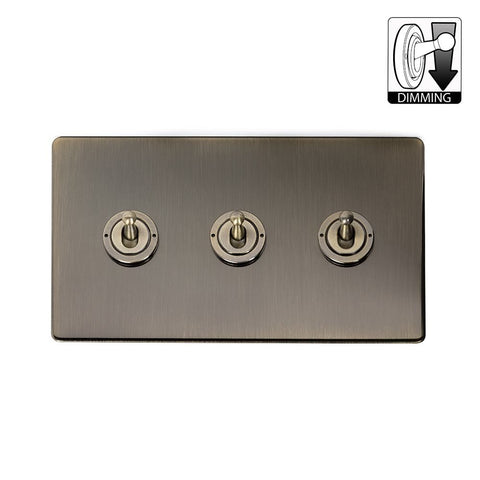 Screwless Antique Brass 3 Gang Dimming Toggle Light Switch - SE Home
