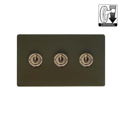 Screwless Bronze - Black Trim - Slim Plate Screwless Bronze 3 Gang Dimming Toggle Light Switch