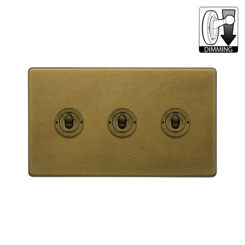 Screwless Old Brass 3 Gang Dimming Toggle Light Switch