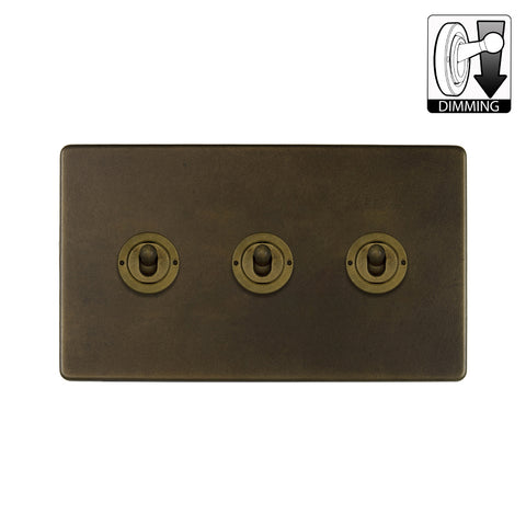 Screwless Vintage Brass 3 Gang Dimming Toggle Light Switch
