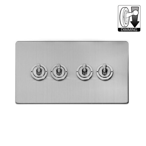 Screwless Brushed Chrome 4 Gang Dimming Toggle Light Switch