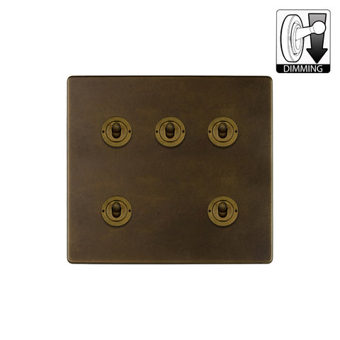 Screwless Vintage Brass 5 Gang Dimming Toggle Light Switch