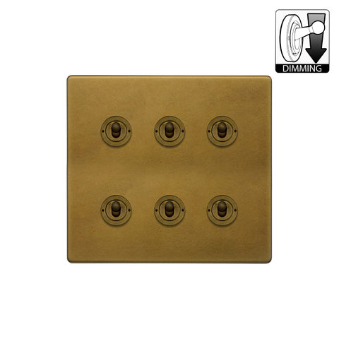 Screwless Old Brass 6 Gang Dimming Toggle Light Switch