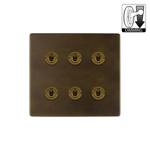 Screwless Vintage Brass 6 Gang Dimming Toggle Light Switch
