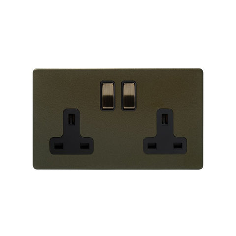 Screwless Bronze - Black Trim - Slim Plate Screwless Bronze 13A 2 Gang Switched Plug Socket- DP