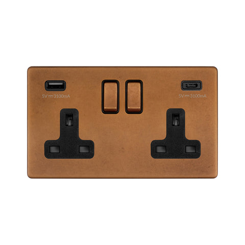 Screwless Antique Copper 2 Gang USB A+C Socket (13A Socket + 2 USB Ports A+C 3.1A)