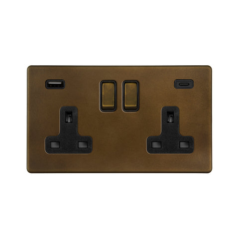 Screwless Vintage Brass 2 Gang USB A+C Plug Socket (13A Socket + 2 USB Ports A+C 3.1A)