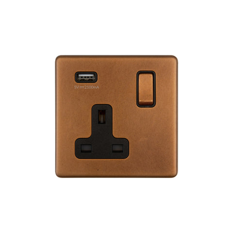 Screwless Antique Copper 13A 1 Gang Double Pole Switched USB Socket (USB Output 2.1amp)