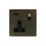 Screwless Bronze - Black Trim - Slim Plate Screwless Bronze 13A 1 Gang DP USB Plug Socket (USB 2.1amp)