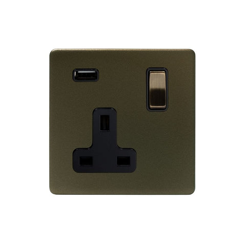 Screwless Bronze 13A 1 Gang DP USB Plug Socket (USB 2.1amp) - SE Home