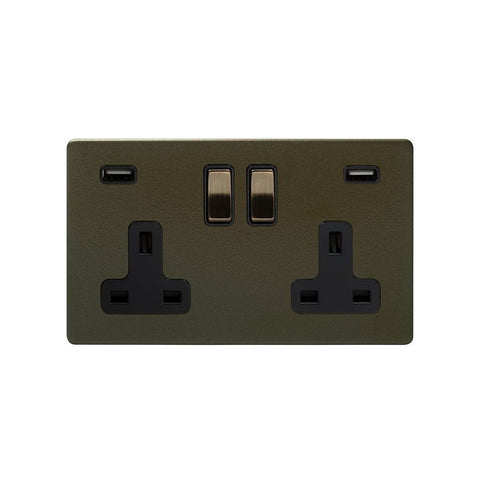 Screwless Bronze - Black Trim - Slim Plate Screwless Bronze 13A 2 Gang DP USB Plug Socket (USB 4.8amp)