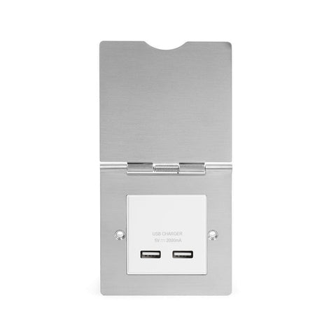 Screwless Brushed Chrome - White Trim - Slim Plate Screwless Brushed Chrome USB Charger Floor Socket 1 Gang