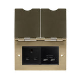 Screwless Brushed Brass - Black Trim - Slim Plate Screwless Brushed Brass  Double Floor Outlet 13Amp Socket & USB Charger