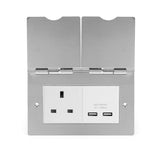 Screwless Brushed Chrome - White Trim - Slim Plate Screwless Brushed Chrome  Double Floor Outlet 13Amp Socket & USB Charger