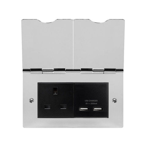 Screwless Polished Chrome Double Floor Outlet 13Amp Socket & USB Charger - Black - SE Home