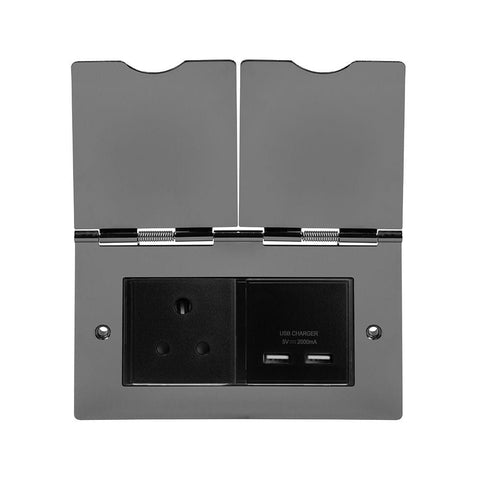Screwless Black Nickel - Black Trim - Slim Plate Screwless Black Nickel  Double Floor Outlet 5Amp Socket & USB Charger