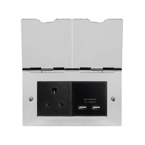 Screwless Polished Chrome Double Floor Outlet 5Amp Socket & USB Charger - Black - SE Home