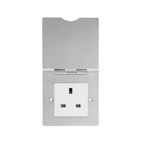 Screwless Brushed Chrome - White Trim - Slim Plate Screwless Brushed Chrome 13 Amp Euromod Floor Outlet Socket 1 Gang