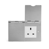 Screwless Brushed Chrome - White Trim - Slim Plate Soho Lighting - Screwless Brushed Chrome 13 Amp 2 Gang Euromod Floor Outlet Socket - White