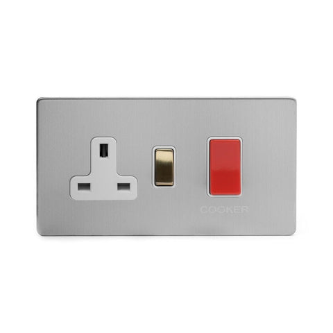 Screwless Brushed Chrome and Brushed Brass - White Trim Screwless Fusion Brushed Chrome & Brushed Brass 45A Cooker Control Unit & Neon White Trim