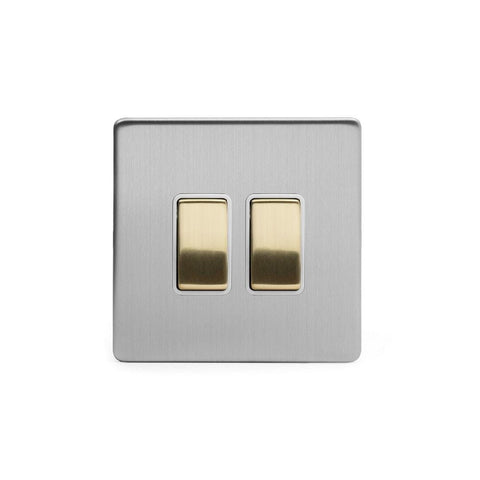 Screwless Brushed Chrome and Brushed Brass - White Trim Screwless Fusion Brushed Chrome & Brushed Brass 10A 2 Gang 2 Way Light Switch White Trim