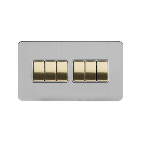 Screwless Brushed Chrome and Brushed Brass - White Trim Screwless Fusion Brushed Chrome & Brushed Brass 10A 6 Gang 2 Way Light Switch White Trim