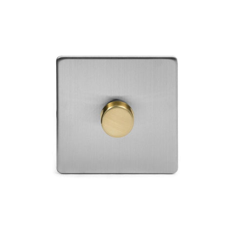 Screwless Brushed Chrome and Brushed Brass - White Trim Screwless Fusion Brushed Chrome & Brushed Brass 250W 1 Gang 2 Way Trailing Dimmer White Trim