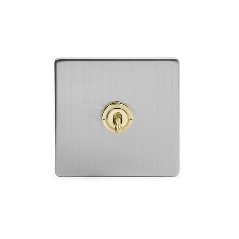 Screwless Brushed Chrome and Brushed Brass - White Trim Screwless Fusion Brushed Chrome & Brushed Brass 20A 1 Gang 2 Way Toggle Light Switch White Trim