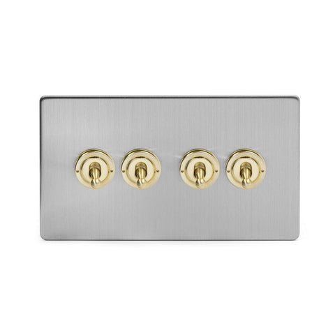 Screwless Brushed Chrome and Brushed Brass - White Trim Screwless Fusion Brushed Chrome & Brushed Brass 20A 4 Gang 2 Way Toggle Light Switch White Trim