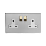 Screwless Brushed Chrome and Brushed Brass - White Trim Screwless Fusion Brushed Chrome & Brushed Brass 13A 2 Gang Switched Plug Socket, Double Pole White Trim
