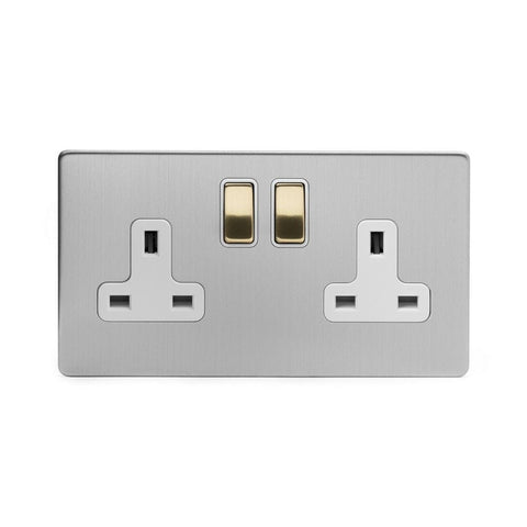 Screwless Fusion Brushed Chrome & Brushed Brass 13A 2 Gang Switched Plug Socket, Double Pole White Trim - SE Home