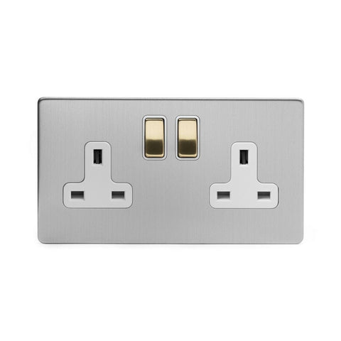Screwless Brushed Chrome and Brushed Brass - White Trim Screwless Fusion Brushed Chrome & Brushed Brass 13A 2 Gang Switched Plug Socket, Double Pole White Trim
