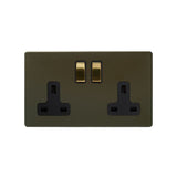 Screwless Fusion Bronze & Brushed Brass 13A 2 Gang Switched Plug Socket, Double Pole Black Trim - SE Home